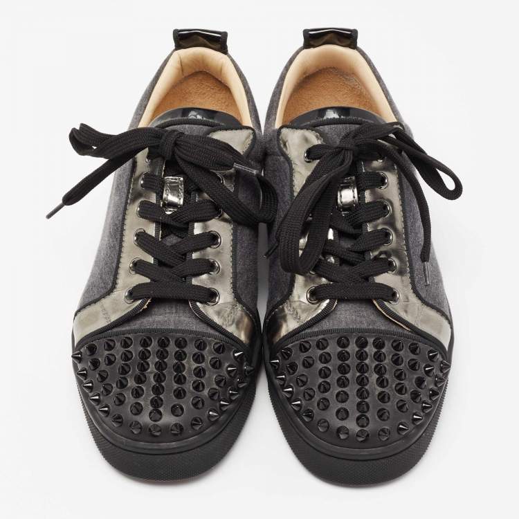 Pre Owned Christian Louboutin Grey/Black Fabric, Patent and Leather Junior Louis Spikes Low-Top Sneakers Size 40