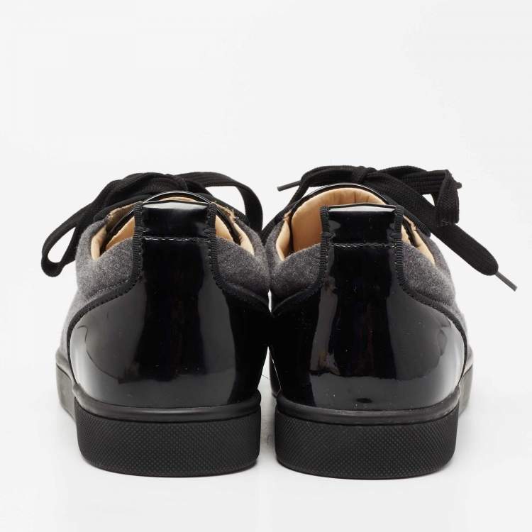 Pre Owned Christian Louboutin Grey/Black Fabric, Patent and Leather Junior Louis Spikes Low-Top Sneakers Size 40