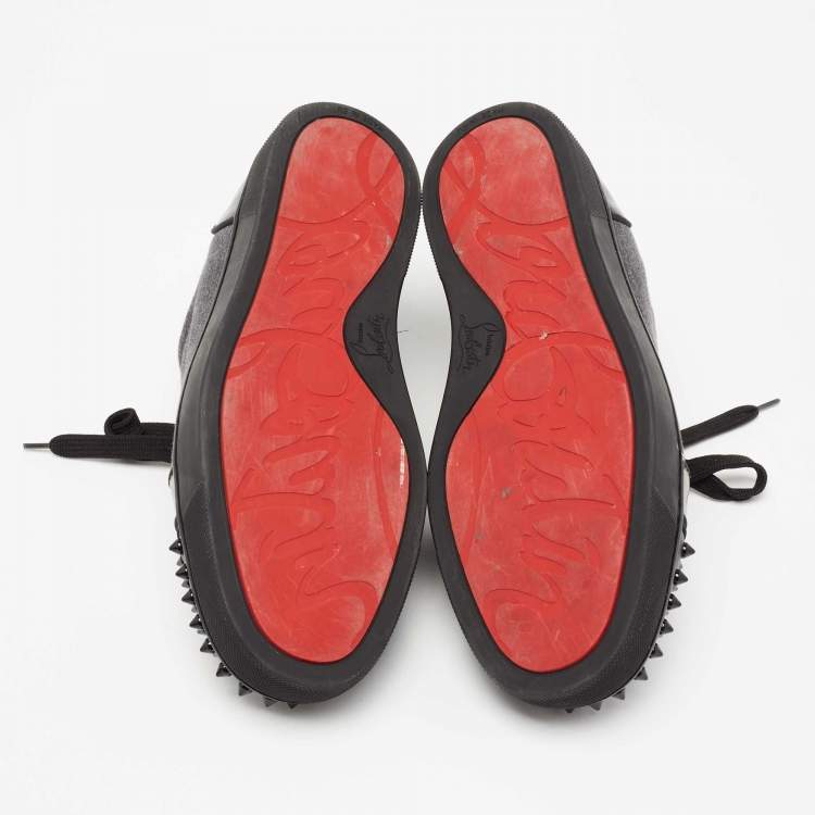 Pre Owned Christian Louboutin Grey/Black Fabric, Patent and Leather Junior Louis Spikes Low-Top Sneakers Size 40