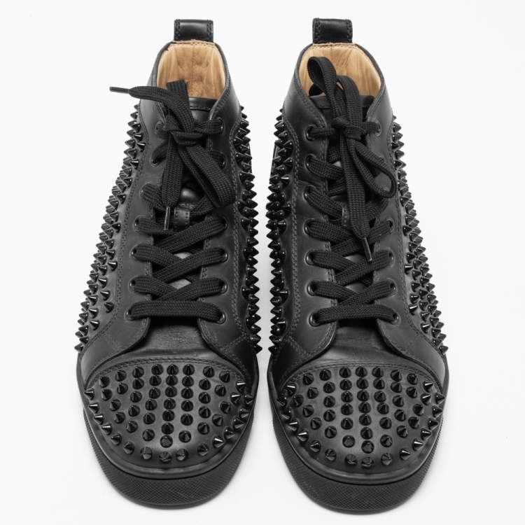Pre Owned Christian Louboutin Black Leather Louis Spikes High-Top Sneakers Size 39.5