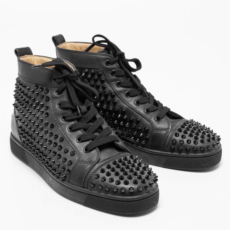 Pre Owned Christian Louboutin Black Leather Louis Spikes High-Top Sneakers Size 39.5