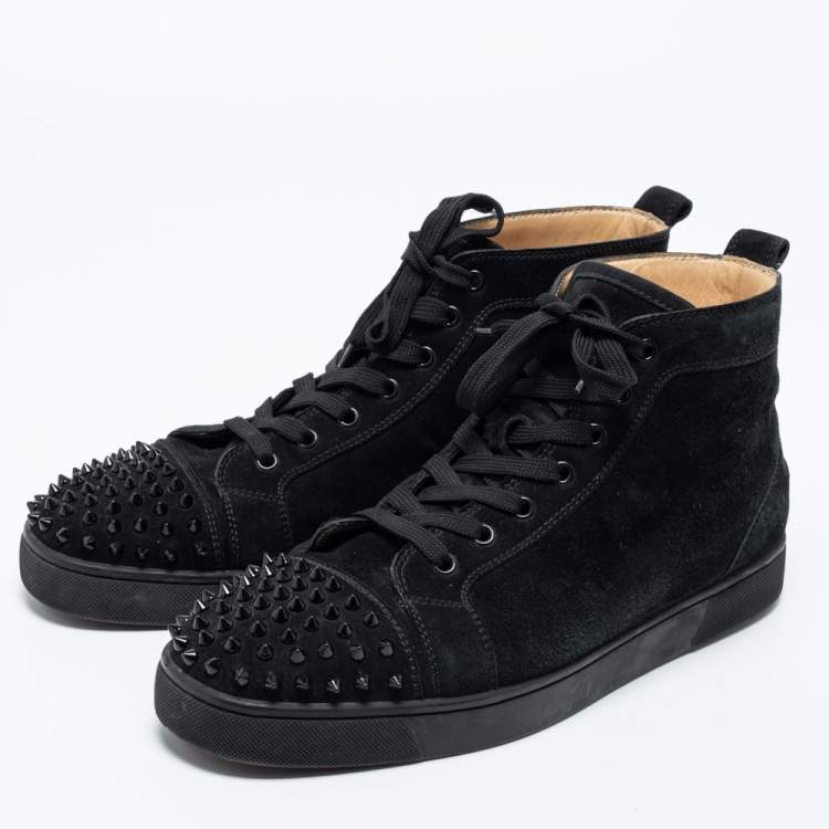 Christian Louboutin Men's Louis Spikes Flat High-Top Sneakers Mesh, Suede, and Studded Leather White