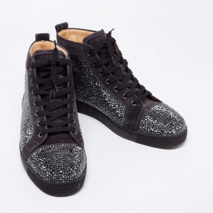Pre Owned Christian Louboutin Dark Grey Suede Louis Strass High Top Sneakers Size 45