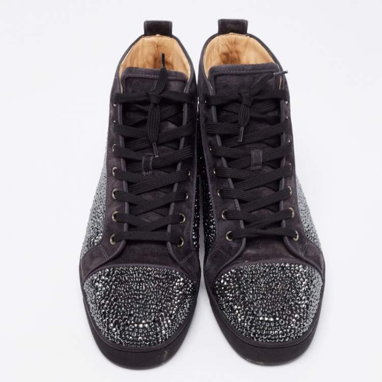 Pre Owned Christian Louboutin Dark Grey Suede Louis Strass High Top Sneakers Size 45