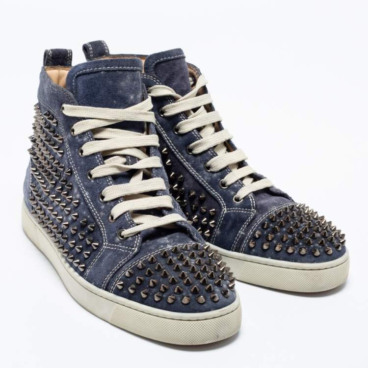 Pre Owned Christian Louboutin  Blue  Suede Louis Junior Spikes  High Top Sneakers Size 42