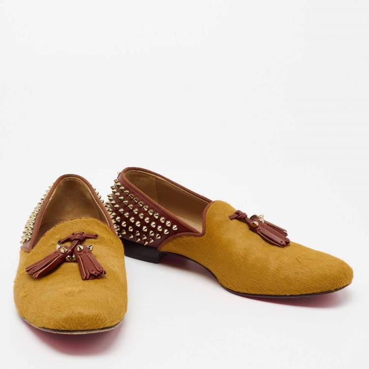 Pre Owned Christian Louboutin Two Tone Calf Hair And Leather  Spike Loafers Size 42.5