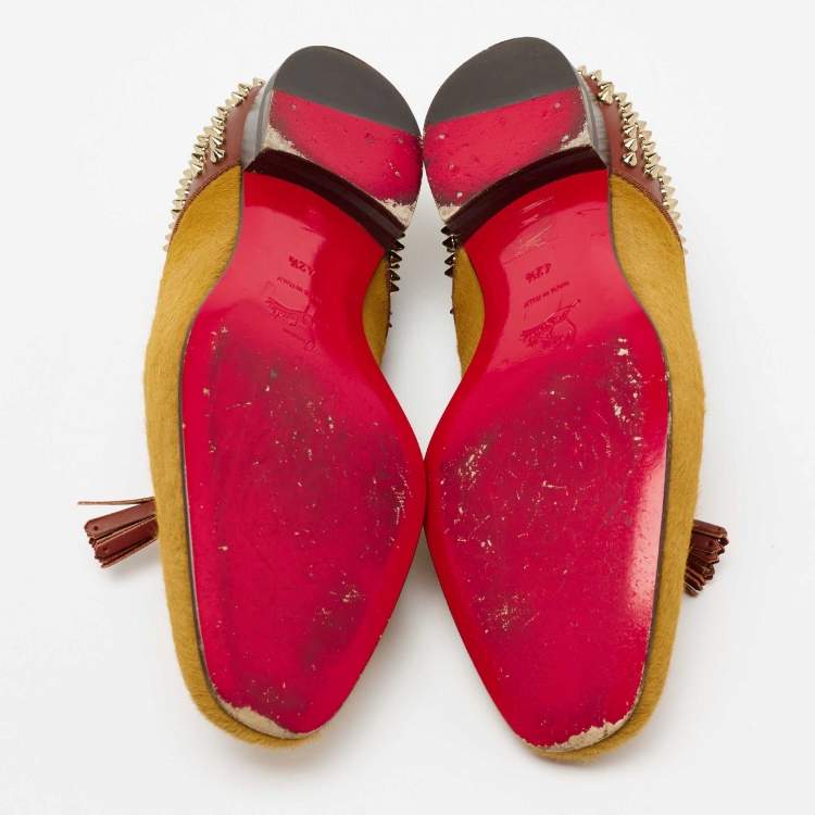 Pre Owned Christian Louboutin Two Tone Calf Hair And Leather  Spike Loafers Size 42.5