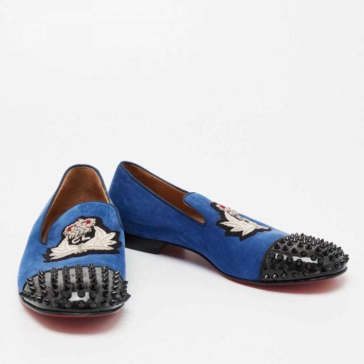 Pre Owned Christian Louboutin Blue/Black Suede and Patent Leather Harvanana Spiked Smoking Slippers Size 42