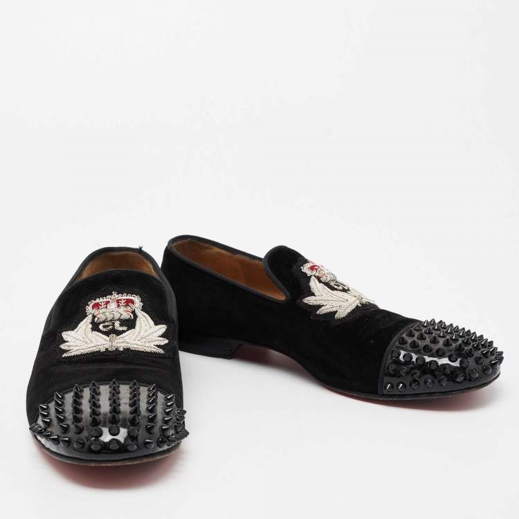 Pre Owned Christian Louboutin Black Suede and Patent Leather Harvanana Spiked Smoking Slippers Size 42