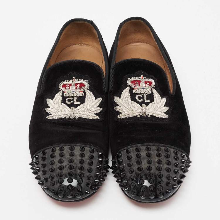 Pre Owned Christian Louboutin Black Suede and Patent Leather Harvanana Spiked Smoking Slippers Size 42