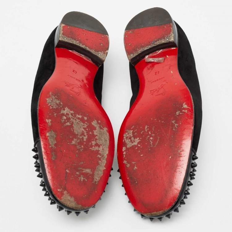 Pre Owned Christian Louboutin Black Suede and Patent Leather Harvanana Spiked Smoking Slippers Size 42