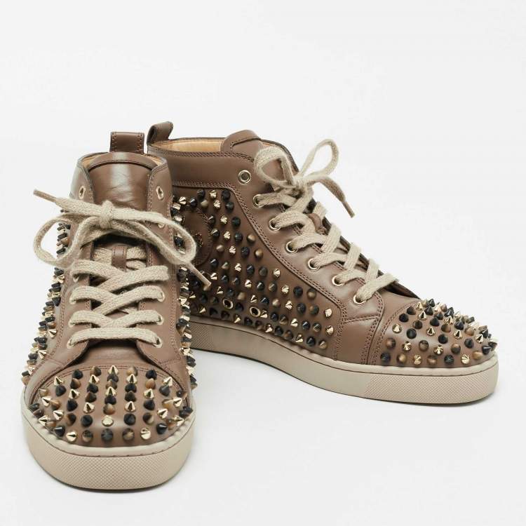Pre Owned Christian Louboutin Brown Leather Louis Orlato Spike High-Top Sneakers Size 42