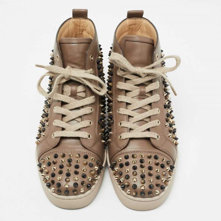 Pre Owned Christian Louboutin Brown Leather Louis Orlato Spike High-Top Sneakers Size 42