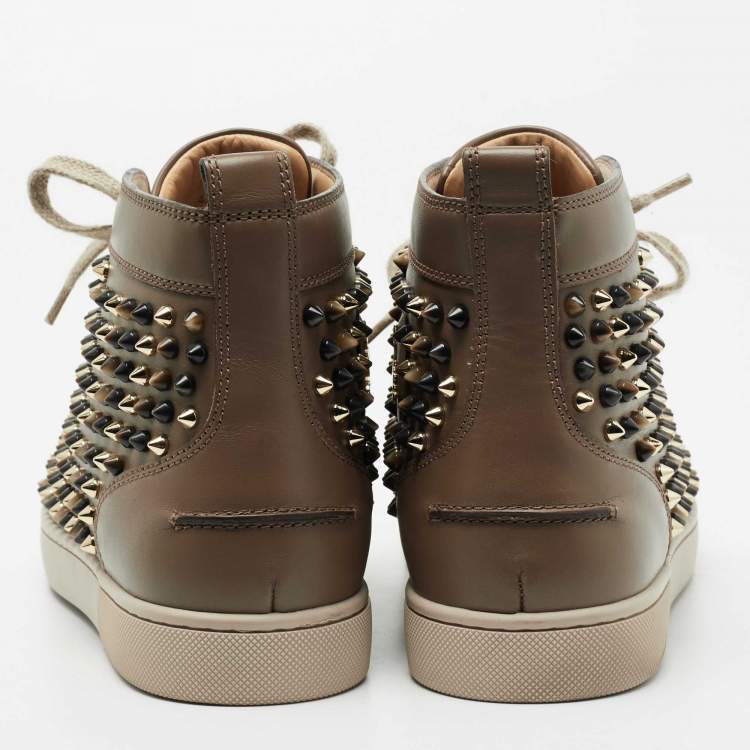 Pre Owned Christian Louboutin Brown Leather Louis Orlato Spike High-Top Sneakers Size 42
