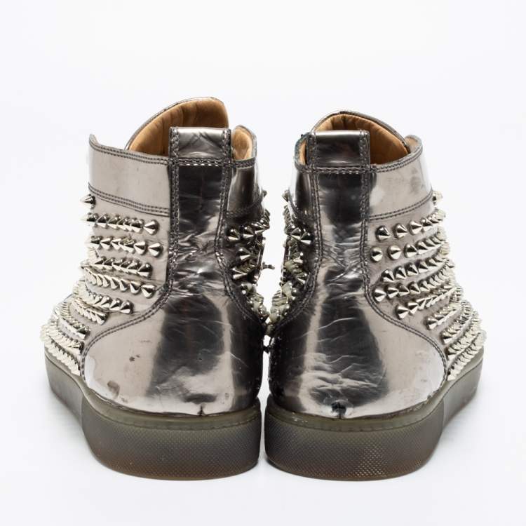 Pre Owned Christian Louboutin Silver Leather Louis Spikes High-Top Sneakers Size 44