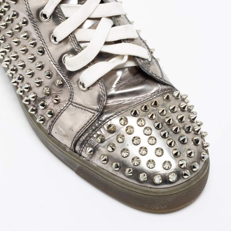 Pre Owned Christian Louboutin Silver Leather Louis Spikes High-Top Sneakers Size 44