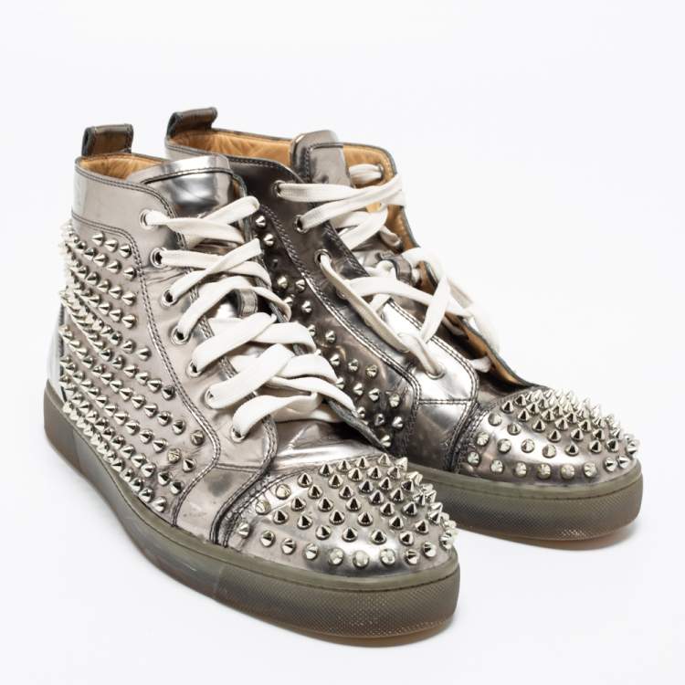Pre Owned Christian Louboutin Silver Leather Louis Spikes High-Top Sneakers Size 44
