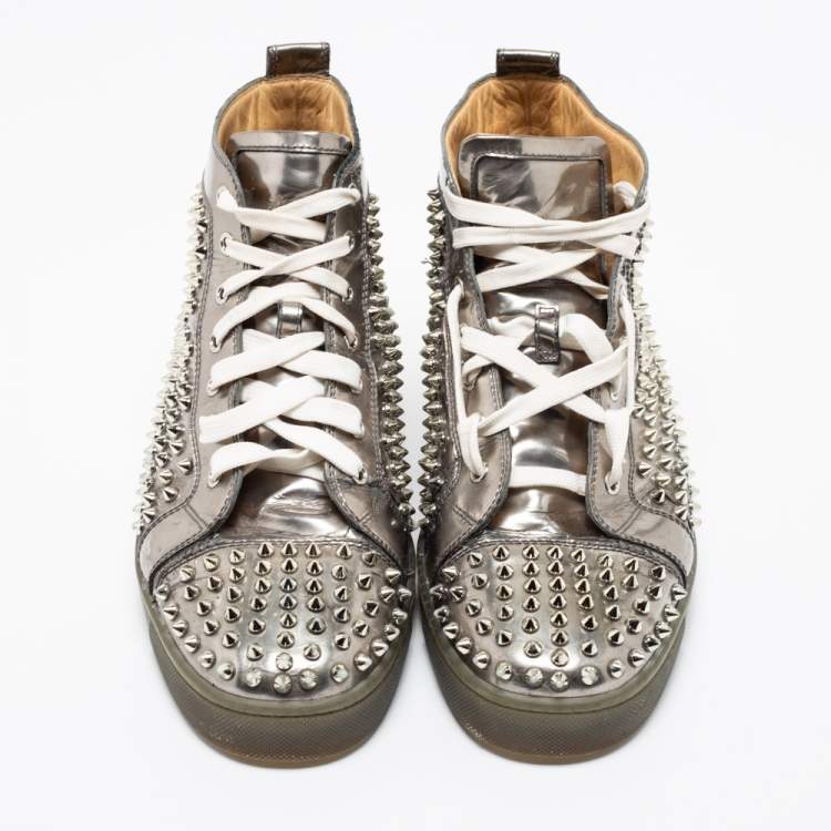 Pre Owned Christian Louboutin Silver Leather Louis Spikes High-Top Sneakers Size 44