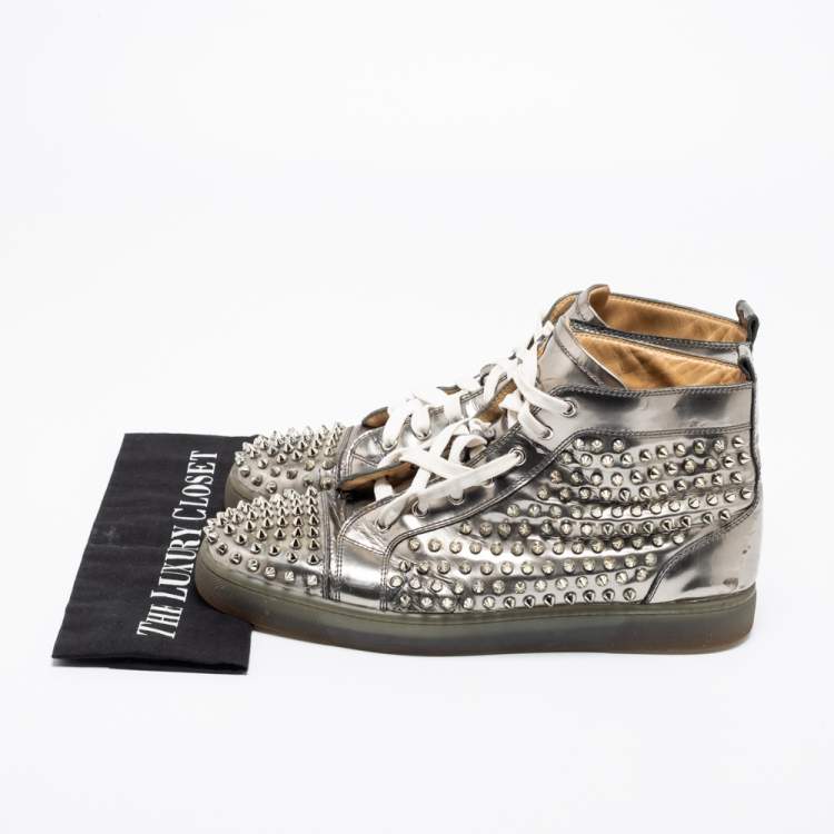 Pre Owned Christian Louboutin Silver Leather Louis Spikes High-Top Sneakers Size 44