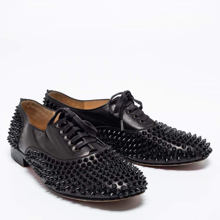 Pre Owned Christian Louboutin Black Leather Freddy Spikes Oxfords Size 41.5