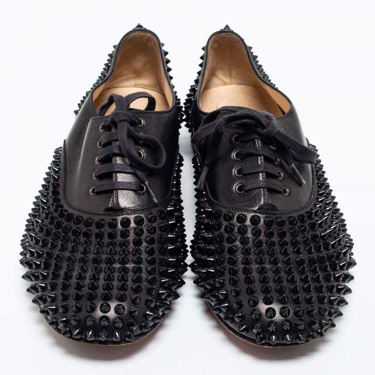 Pre Owned Christian Louboutin Black Leather Freddy Spikes Oxfords Size 41.5