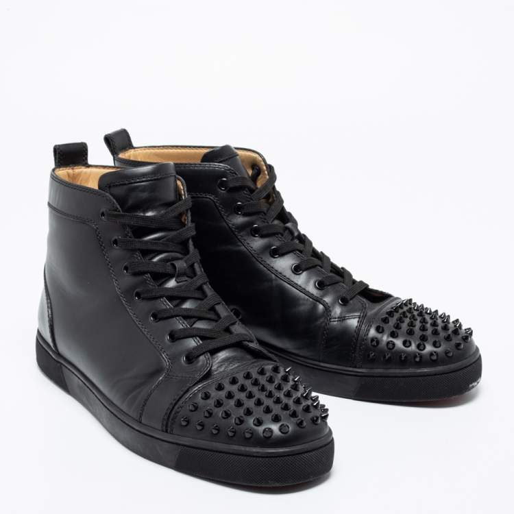 Pre Owned Christian Louboutin Black Leather Louis Junior Spikes High-Top Sneakers Size 47