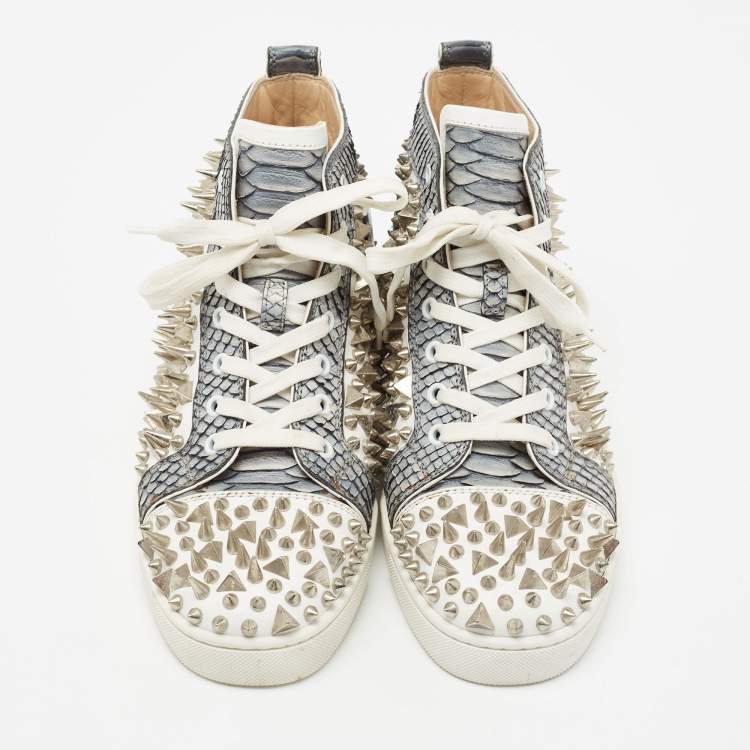 Pre Owned Christian Louboutin Grey/White Python And Leather Louis Spikes High Top Sneakers Size 41