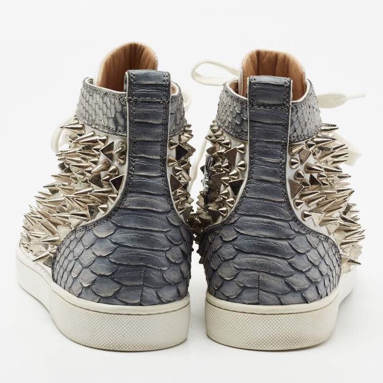 Pre Owned Christian Louboutin Grey/White Python And Leather Louis Spikes High Top Sneakers Size 41