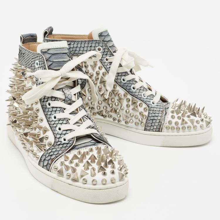 Pre Owned Christian Louboutin Grey/White Python And Leather Louis Spikes High Top Sneakers Size 41