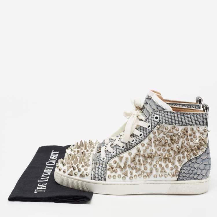 Pre Owned Christian Louboutin Grey/White Python And Leather Louis Spikes High Top Sneakers Size 41