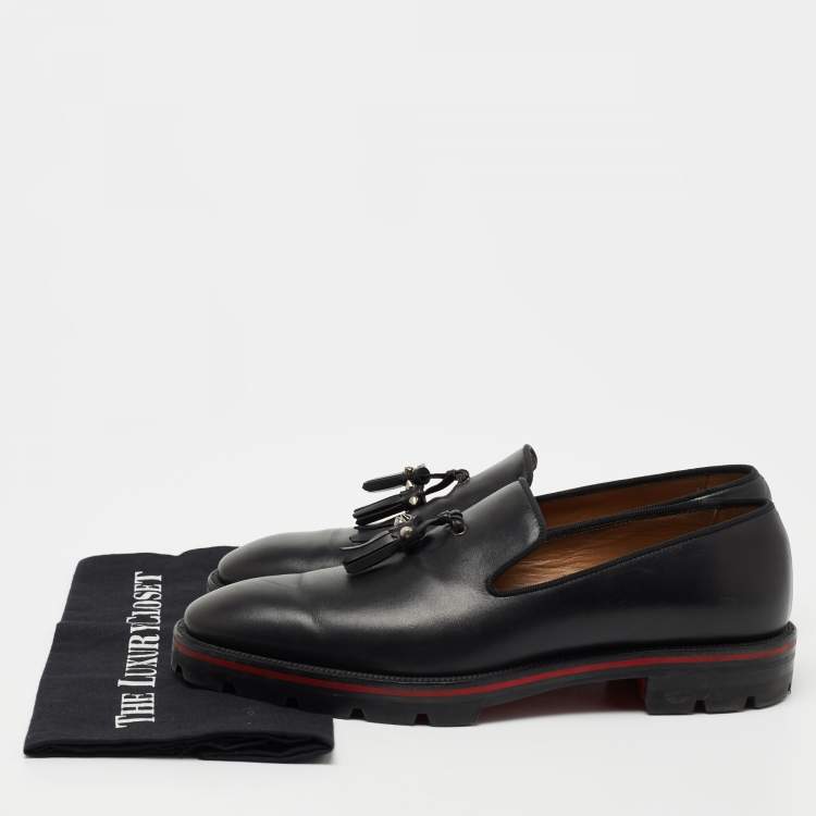 Pre Owned Christian Louboutin  Black Leather Luglion Tassel Lug Loafers Size 42.5