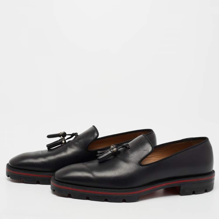 Pre Owned Christian Louboutin  Black Leather Luglion Tassel Lug Loafers Size 42.5