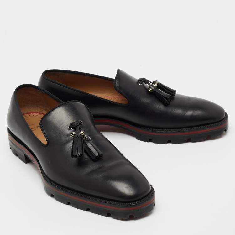 Pre Owned Christian Louboutin  Black Leather Luglion Tassel Lug Loafers Size 42.5