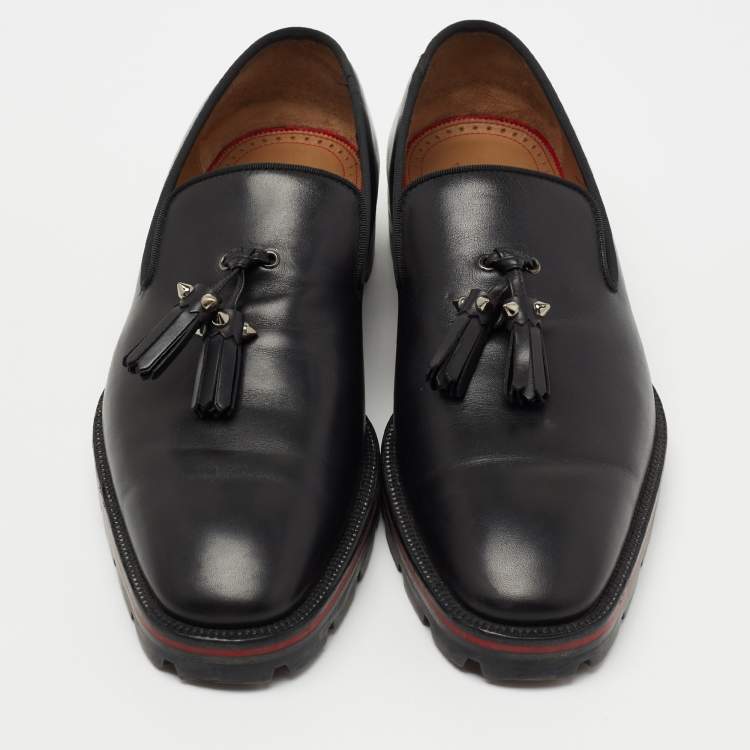 Pre Owned Christian Louboutin  Black Leather Luglion Tassel Lug Loafers Size 42.5