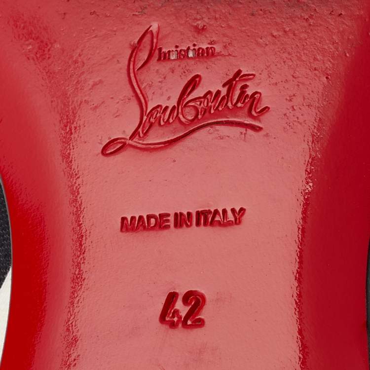 Pre Owned Christian Louboutin Black/White Patent Leather And Striped Canvas Havanana Spikes Smoking Slippers Size 42