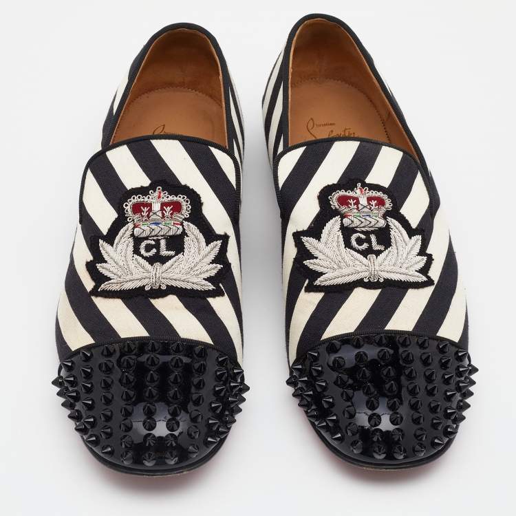 Pre Owned Christian Louboutin Black/White Patent Leather And Striped Canvas Havanana Spikes Smoking Slippers Size 42