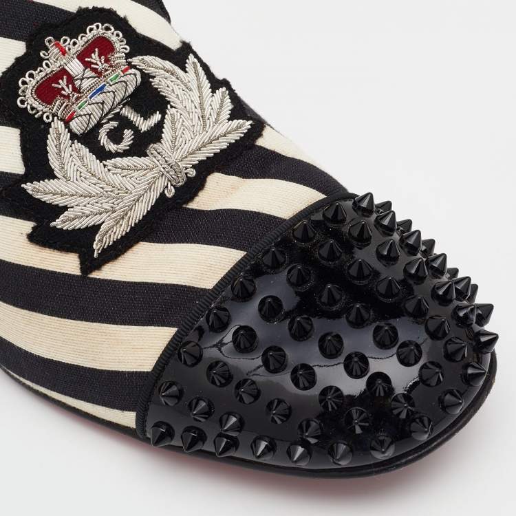 Pre Owned Christian Louboutin Black/White Patent Leather And Striped Canvas Havanana Spikes Smoking Slippers Size 42