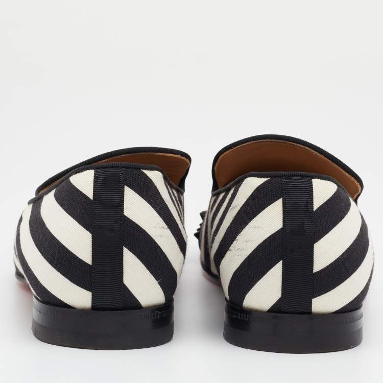Pre Owned Christian Louboutin Black/White Patent Leather And Striped Canvas Havanana Spikes Smoking Slippers Size 42