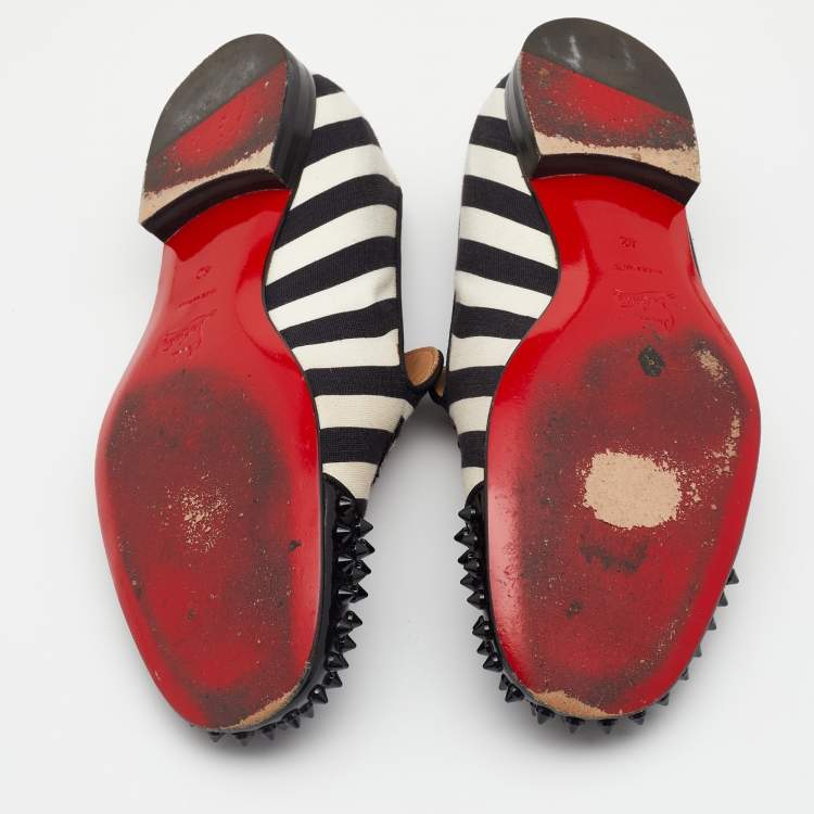 Pre Owned Christian Louboutin Black/White Patent Leather And Striped Canvas Havanana Spikes Smoking Slippers Size 42