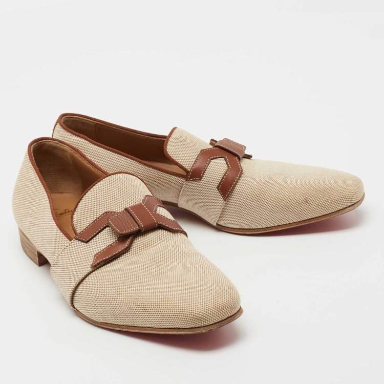Pre Owned Christian Louboutin Beige/Brown Woven Fabric and Leather Smoking Slippers Size 41