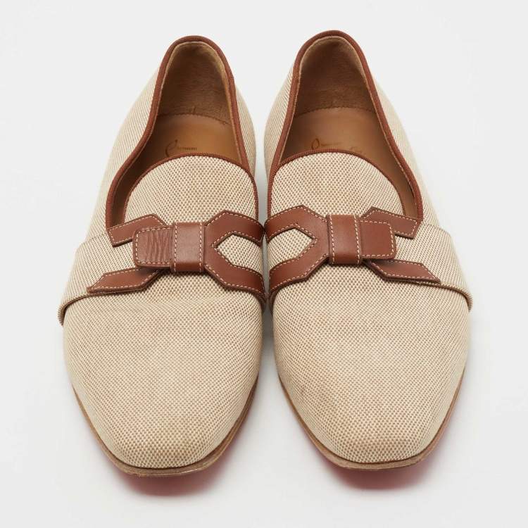 Pre Owned Christian Louboutin Beige/Brown Woven Fabric and Leather Smoking Slippers Size 41