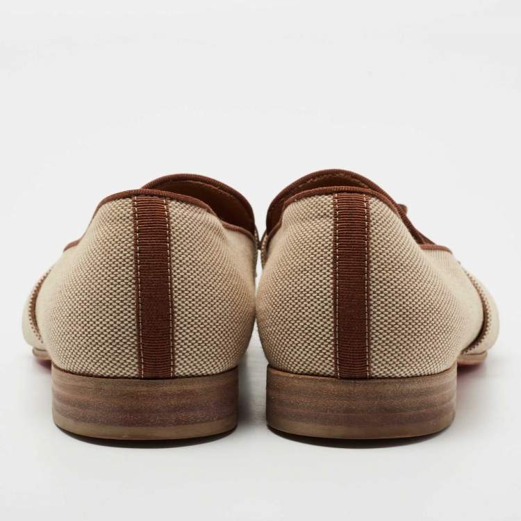 Pre Owned Christian Louboutin Beige/Brown Woven Fabric and Leather Smoking Slippers Size 41