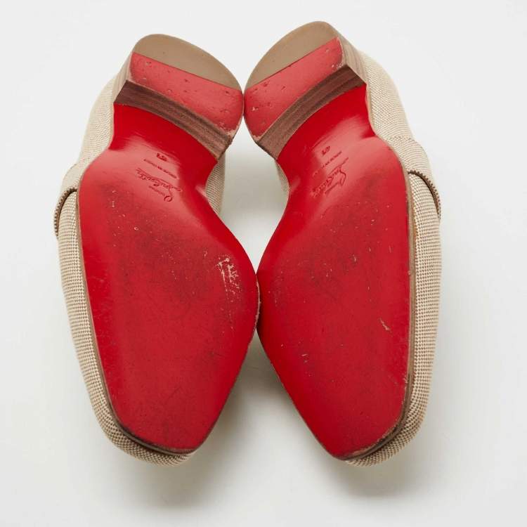 Pre Owned Christian Louboutin Beige/Brown Woven Fabric and Leather Smoking Slippers Size 41