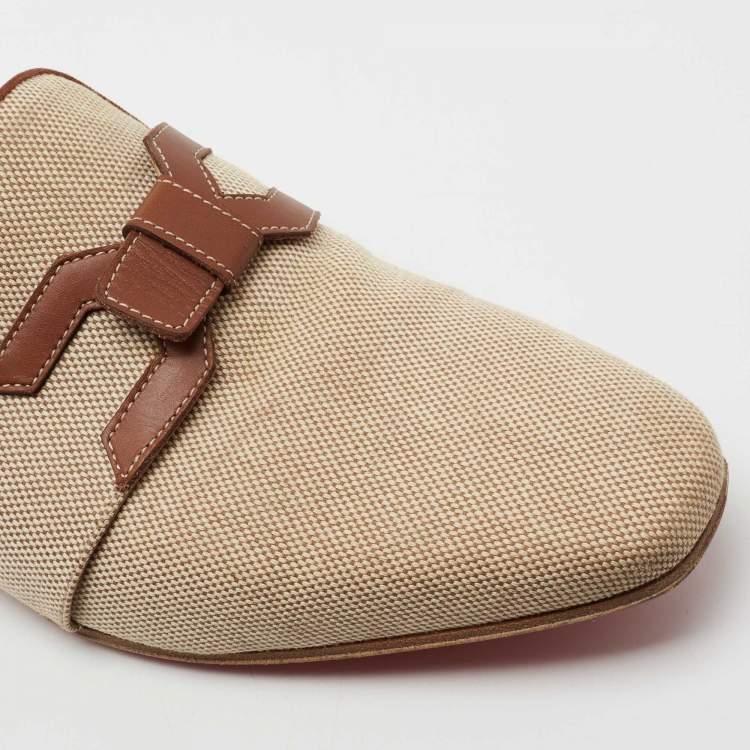 Pre Owned Christian Louboutin Beige/Brown Woven Fabric and Leather Smoking Slippers Size 41