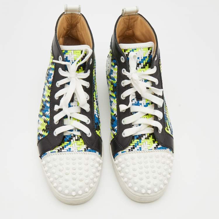 Pre Owned Christian Louboutin Multicolor Woven Leather Louis Spikes Cap Toe High Top Sneakers Size 41.5