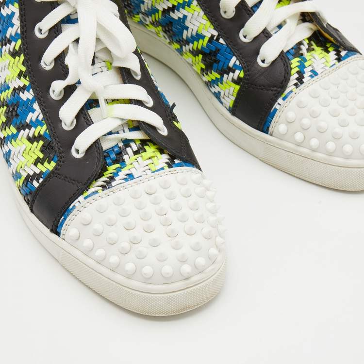 Pre Owned Christian Louboutin Multicolor Woven Leather Louis Spikes Cap Toe High Top Sneakers Size 41.5