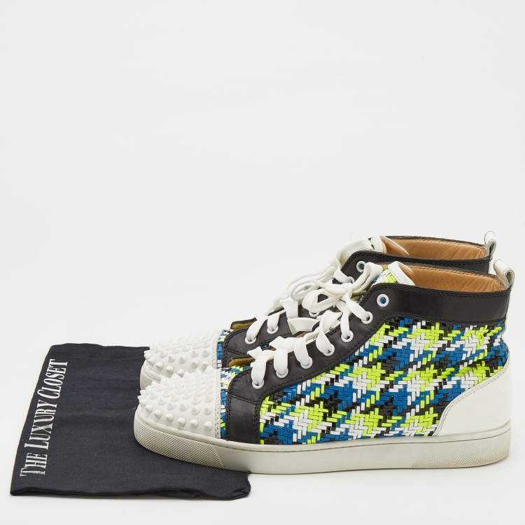 Pre Owned Christian Louboutin Multicolor Woven Leather Louis Spikes Cap Toe High Top Sneakers Size 41.5