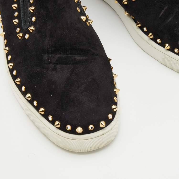 Pre Owned Christian Louboutin Black Suede Spike Pik Boat Slip On Sneakers Size 41.5