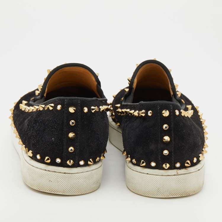 Pre Owned Christian Louboutin Black Suede Spike Pik Boat Slip On Sneakers Size 41.5
