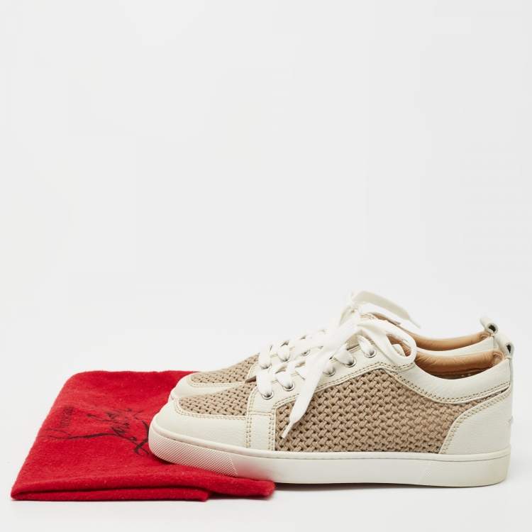 Pre Owned Christian Louboutin White/Brown Leather and Woven Fabric Rantulow Low-Top Sneakers Size 40